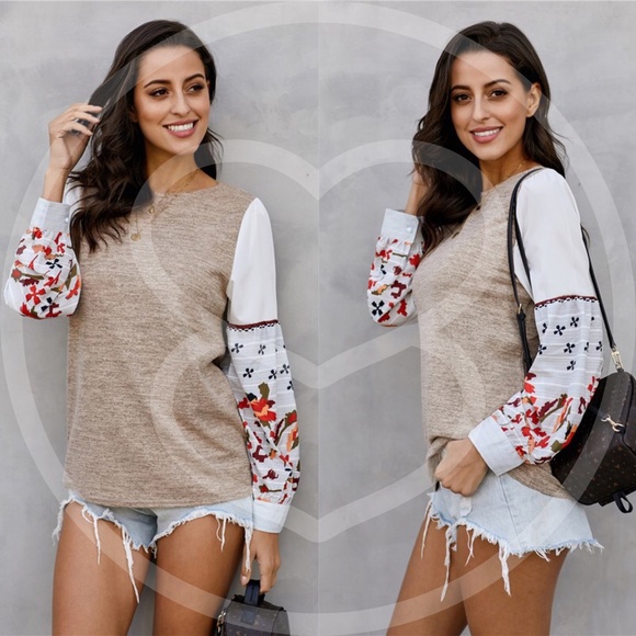 boho chic floral print sleeve Blouse - KHAKI - Picture 6 of 6